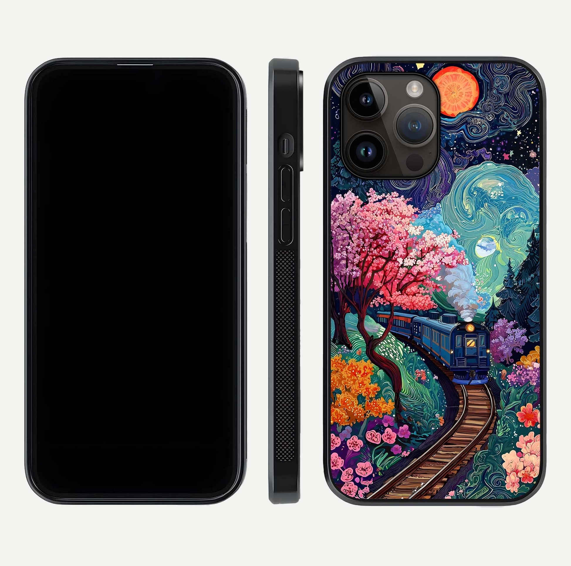 Digital Art Glass Case for iPhone 14 Pro Max dual-view layout displaying artistic tones and curved glass edge