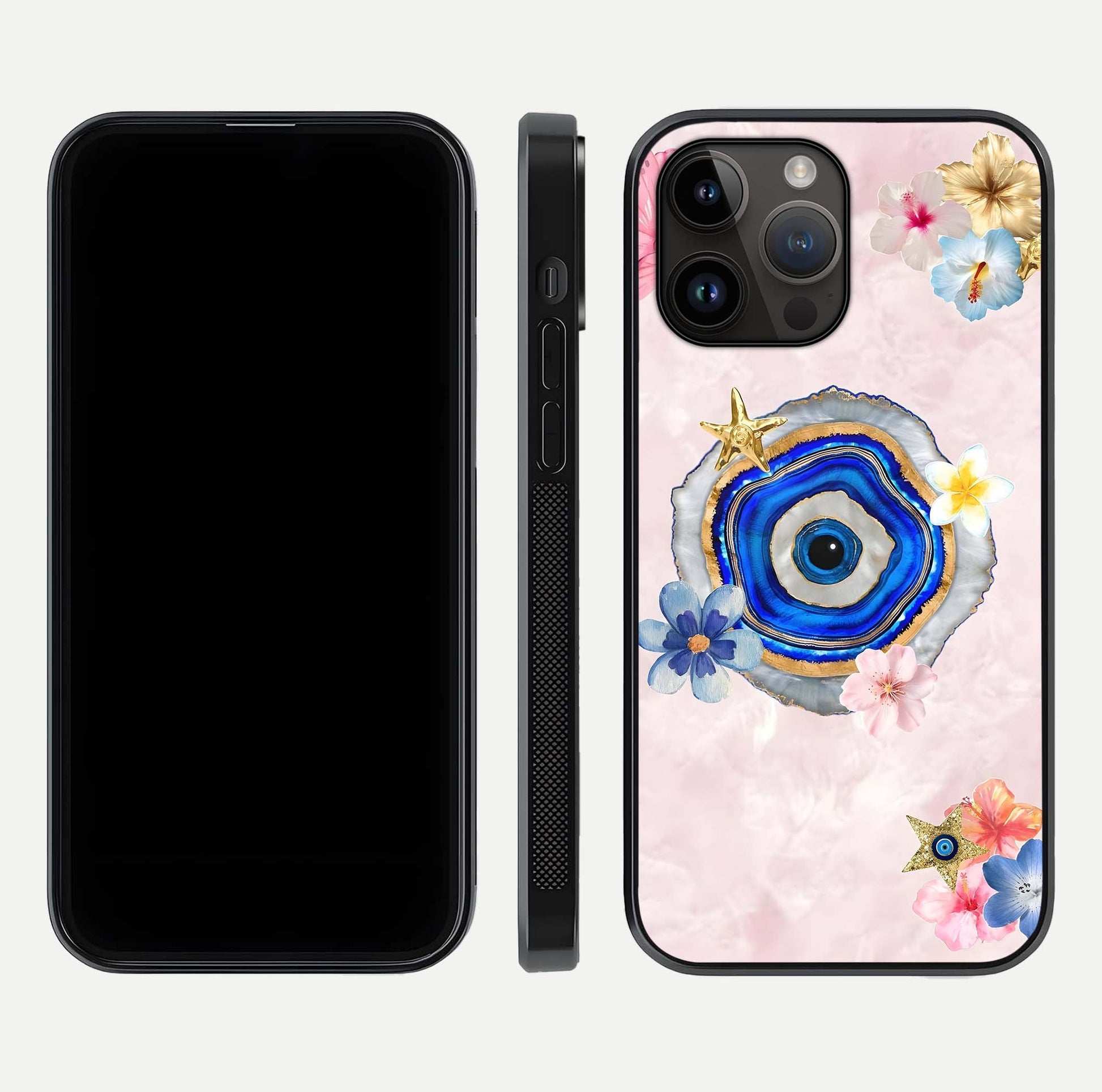 Divine Aura Bloom Glass Case for iPhone 14 Pro Max dual-view layout displaying divine color tones and smooth edges