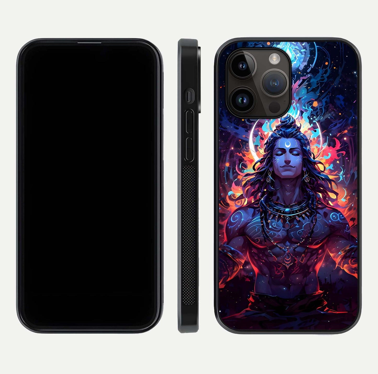 Divine Fire Shiv Glass Case for iPhone 14 Pro Max dual-view layout displaying HD deity print and curved edges