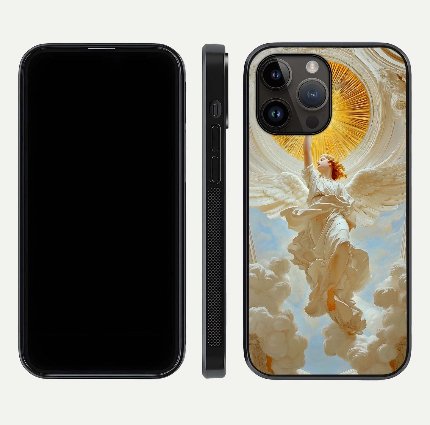 Divine Light Angel Glass Case for iPhone 14 Pro Max dual-view layout displaying celestial tones and smooth curves