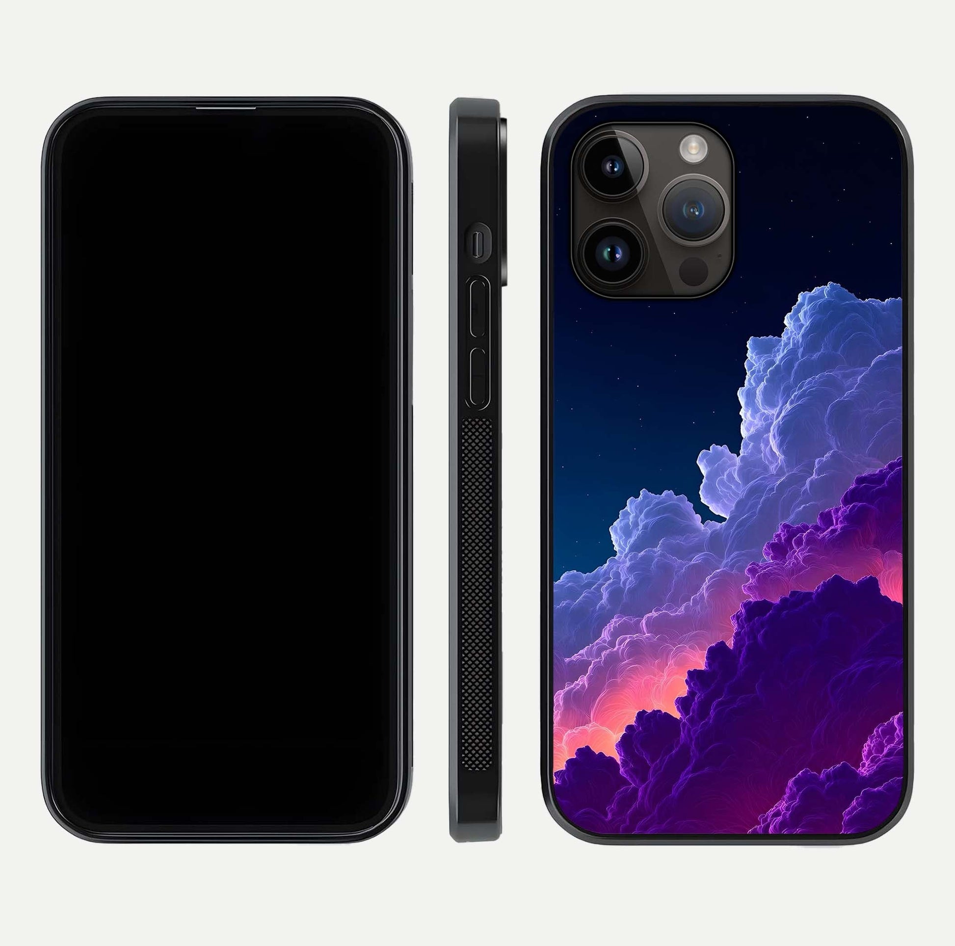 Dreamy Cloud Skies Glass Case for iPhone 14 Pro Max dual-view layout displaying calm sky art and smooth curve