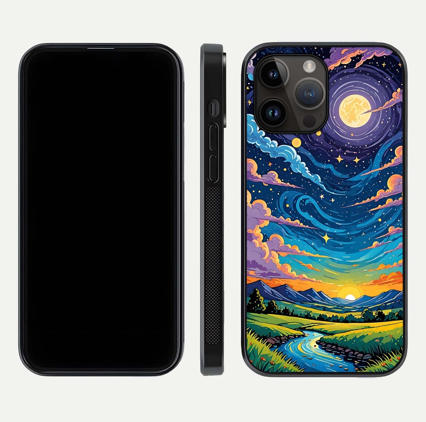 Dreamy Night Landscape Glass Case for iPhone 14 Pro Max dual-view layout displaying HD print and curved glass edges