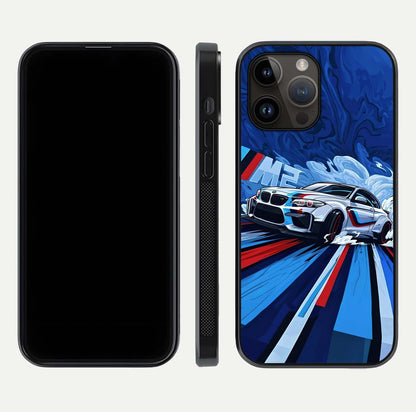 Drift Power Rush Glass Case for iPhone 14 Pro Max dual-view layout displaying dynamic motion art and HD gloss