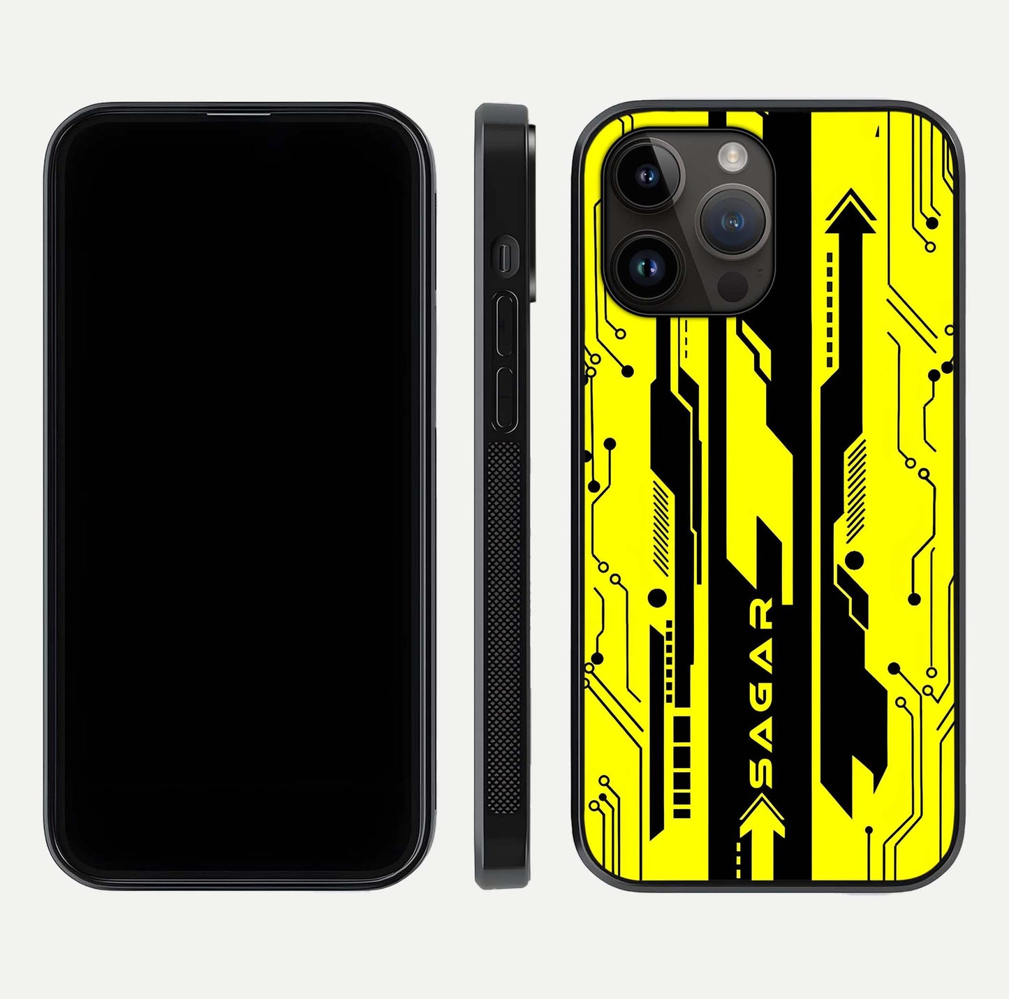 Electric Pulse CYBERPUNK Custom Name Glass Case for iPhone 14 Pro Max dual-view layout displaying futuristic hues and curved glass edges