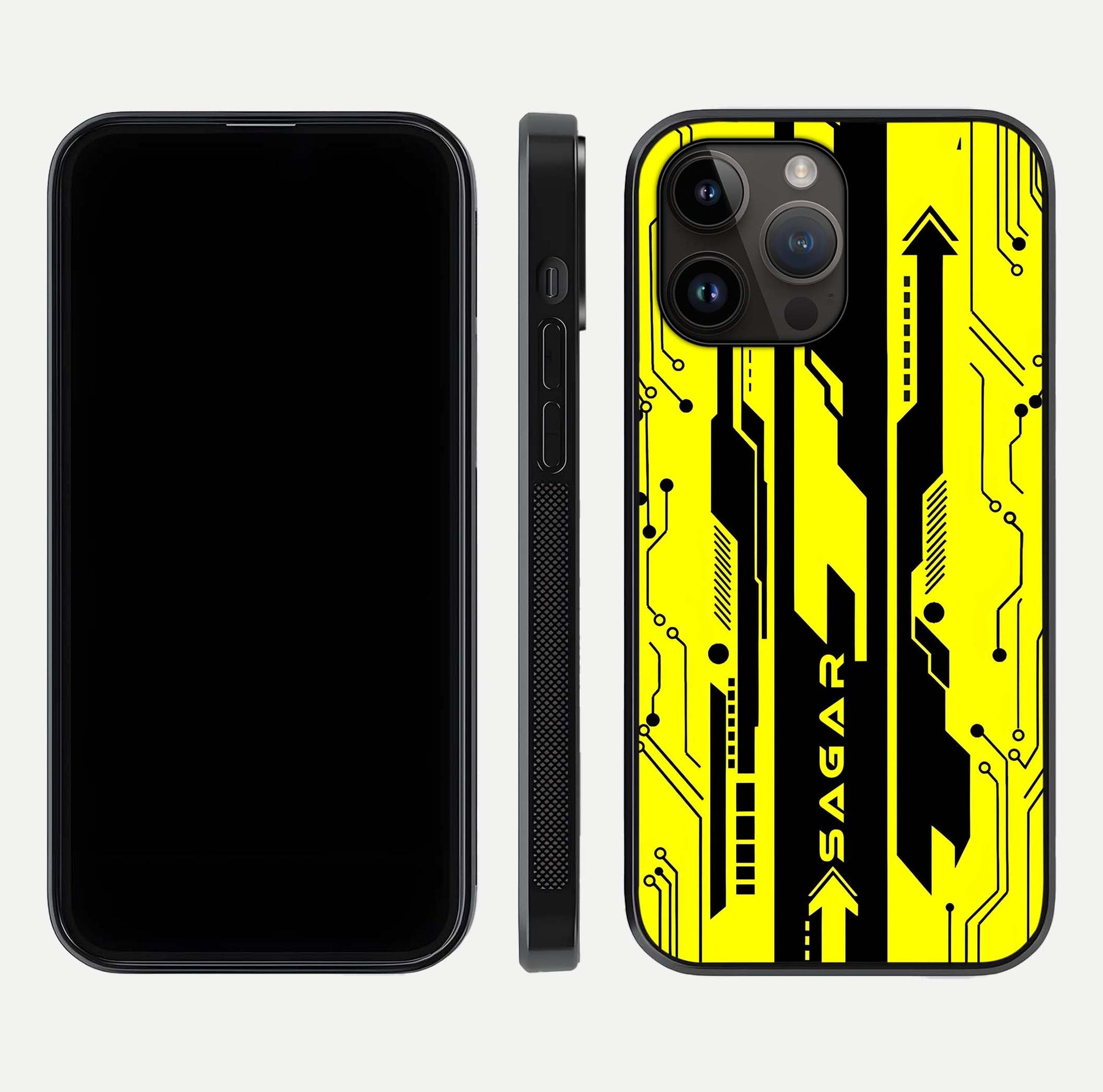 Electric Pulse CYBERPUNK Custom Name Glass Case for iPhone 14 Pro Max dual-view layout displaying futuristic hues and curved glass edges