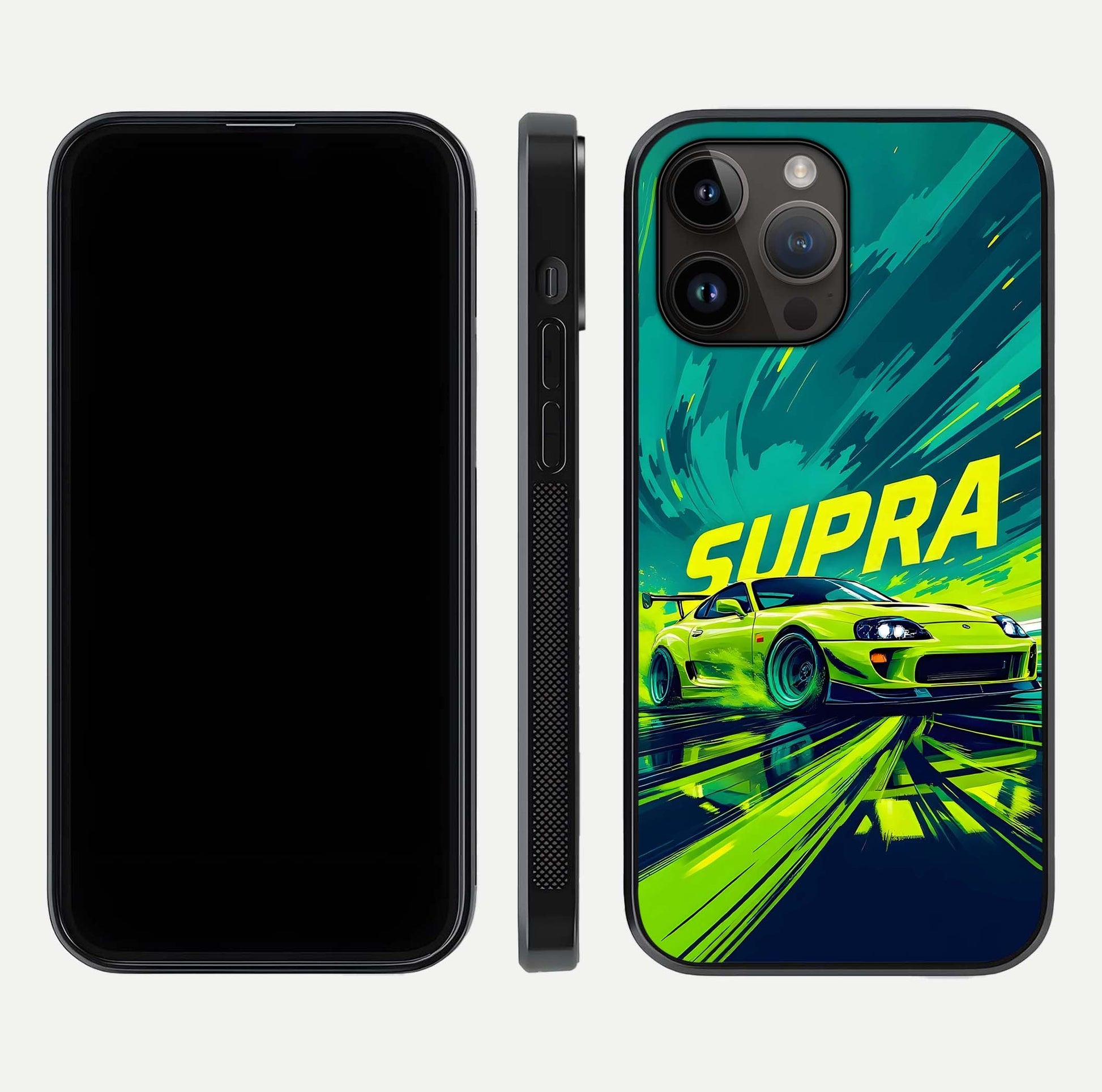 Electric Supra Thunder Glass Case for iPhone 14 Pro Max dual-view layout displaying dynamic motion art and curved finish