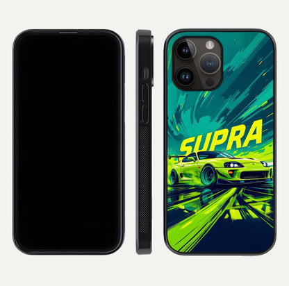 Electric Supra Thunder Glass Case for iPhone 14 Pro Max dual-view layout displaying dynamic motion art and curved finish