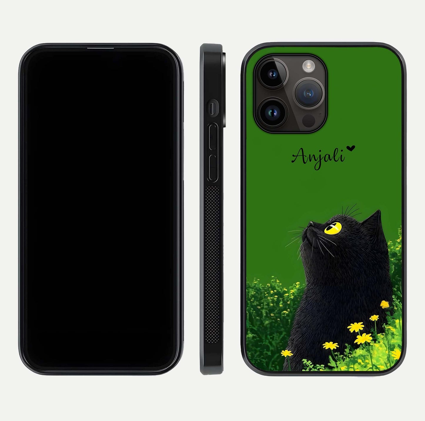Emerald Cat Custom Name Glass Case for iPhone 14 Pro Max dual-view layout displaying artistic tones and smooth curves