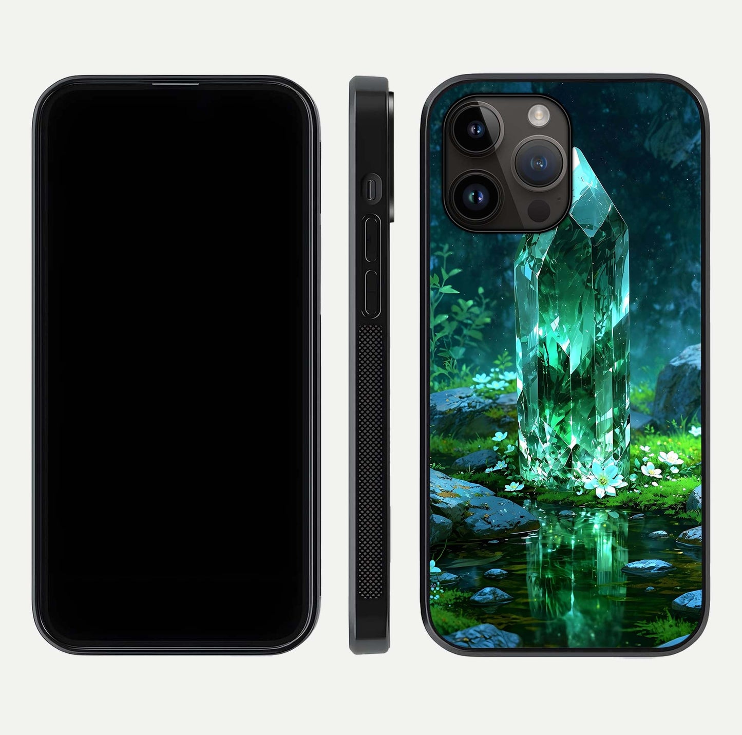 Emerald Light Crystal Glass Case for iPhone 14 Pro Max dual-view layout displaying gem-like tones and polished edge