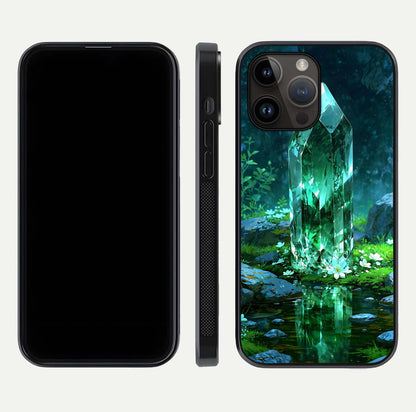Emerald Light Crystal Glass Case for iPhone 14 Pro Max dual-view layout displaying gem-like tones and polished edge