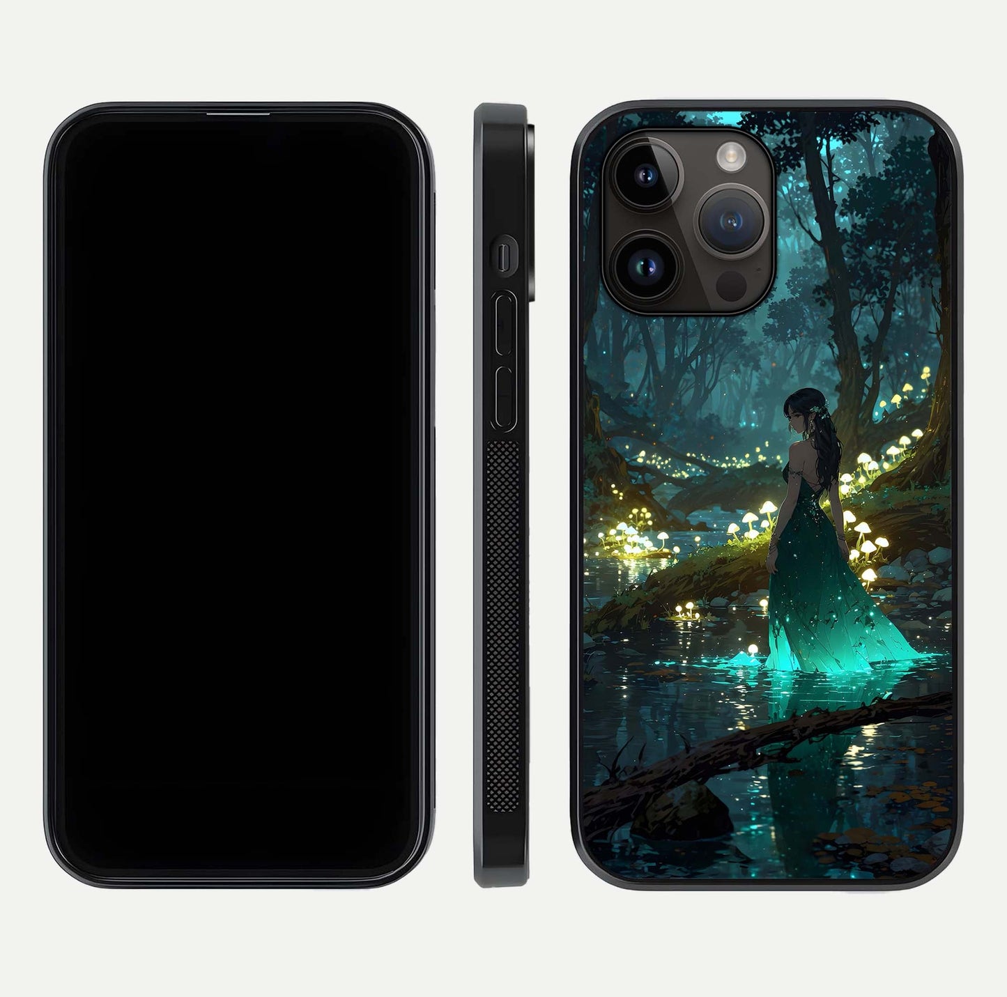 Enchanted Forest Glow Glass Case for iPhone 14 Pro Max dual-view layout displaying green tones and smooth glass