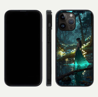 Enchanted Forest Glow Glass Case for iPhone 14 Pro Max dual-view layout displaying green tones and smooth glass