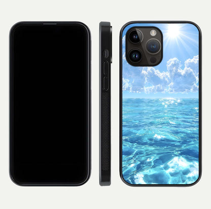 Endless Ocean Horizon Glass Case for iPhone 14 Pro Max dual-view layout displaying calm seascape and curved edges