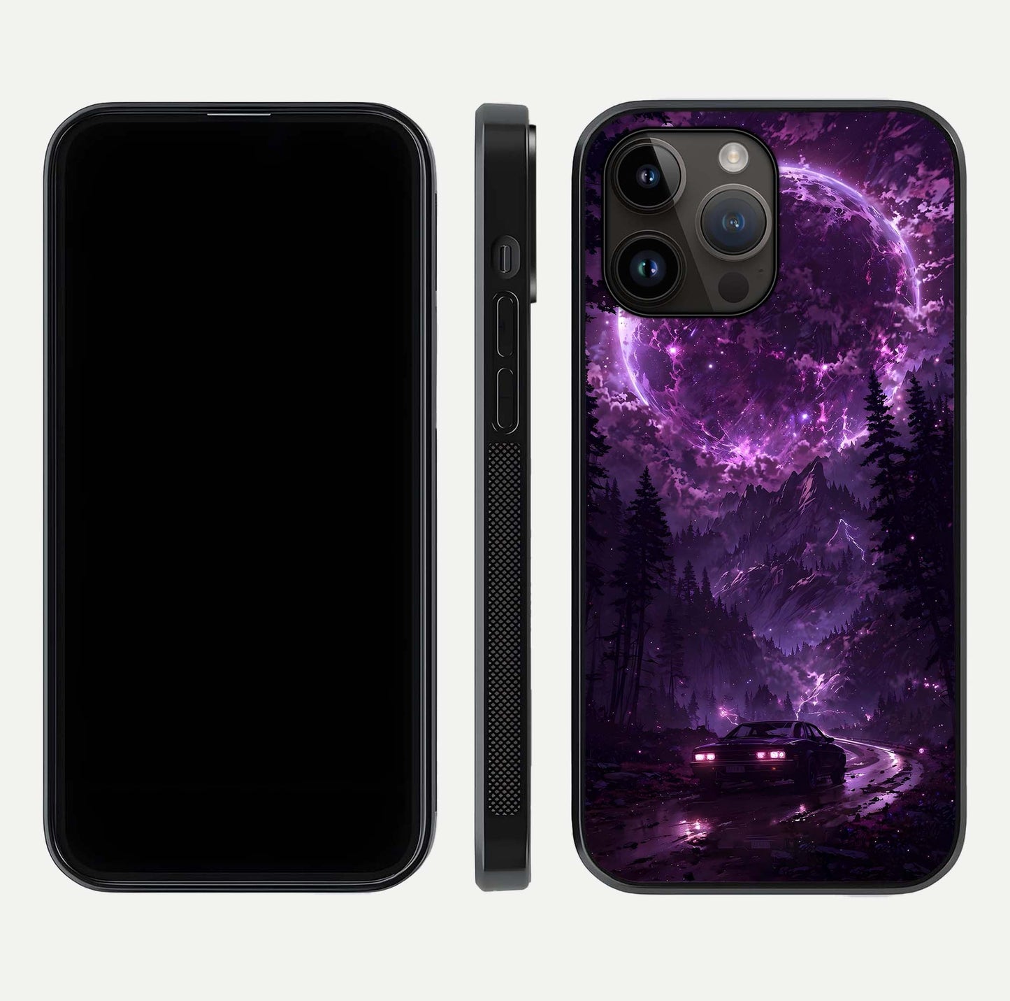 Eternal Cosmic Drive Glass Case for iPhone 14 Pro Max dual-view layout displaying outer-space tones and curved finish
