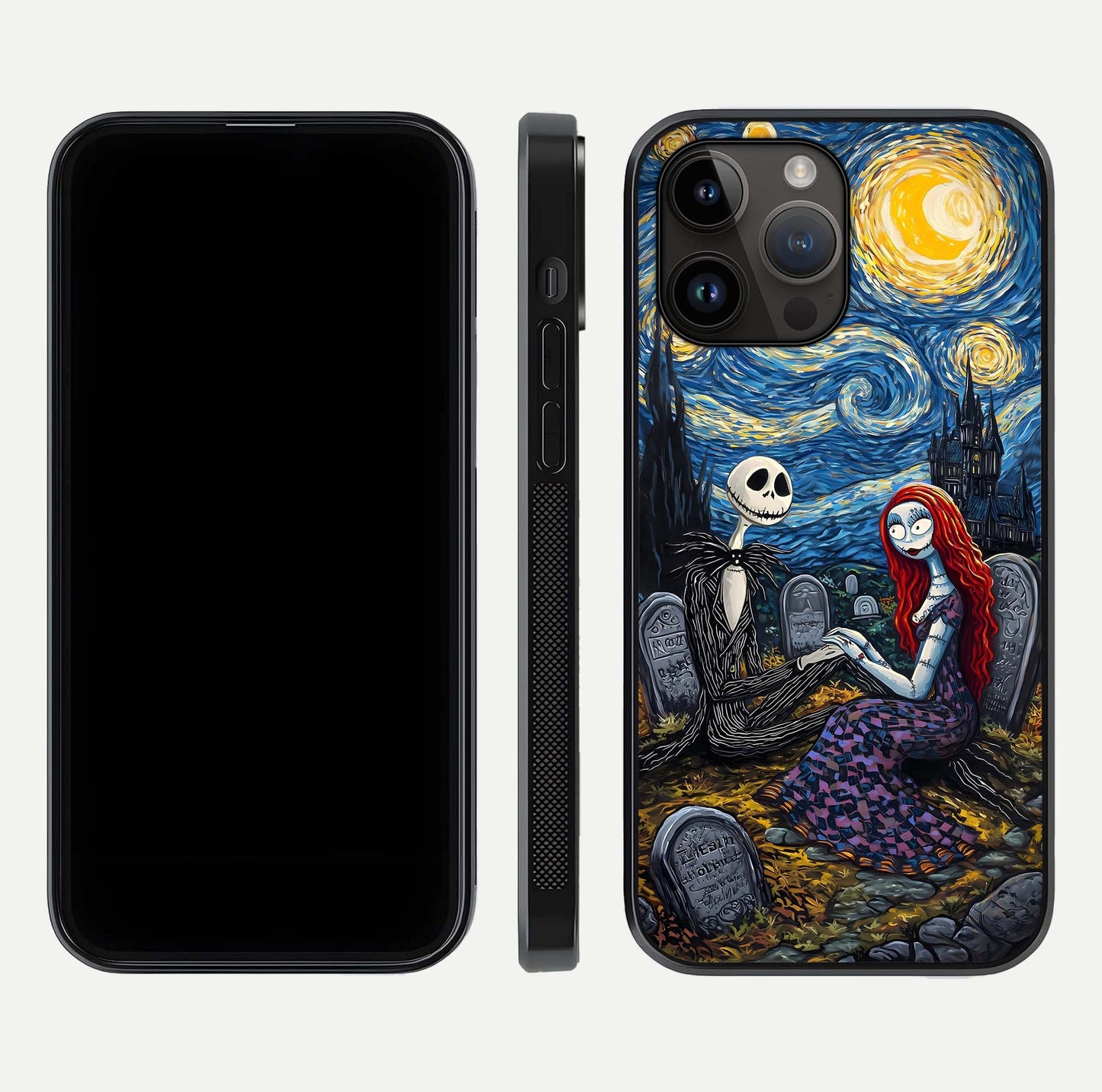 Eternal Night Love Glass Case for iPhone 14 Pro Max dual-view layout displaying HD art and curved polish