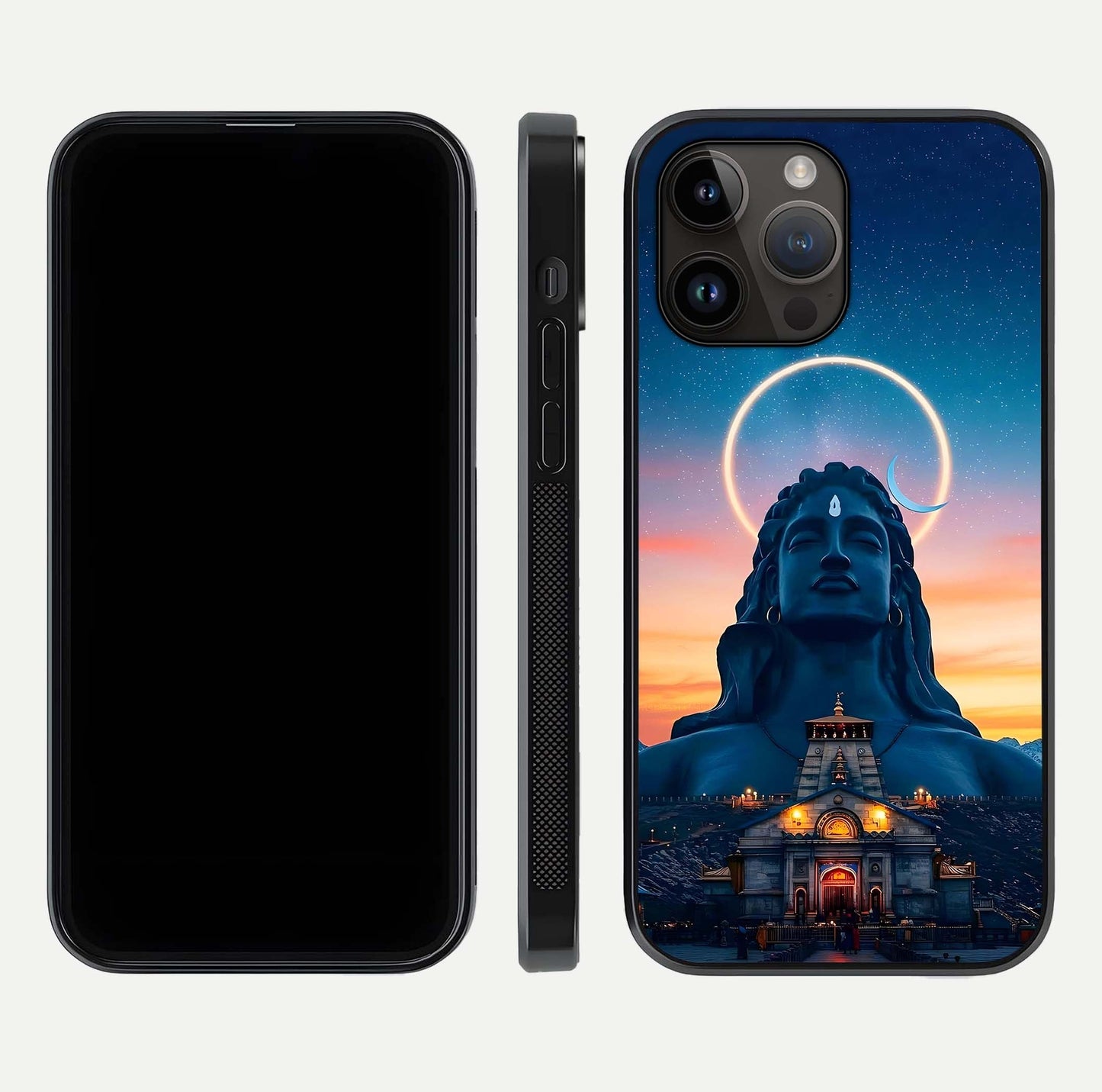 Eternal Shiva Aura Glass Case for iPhone 14 Pro Max dual-view layout displaying HD deity print and smooth edge