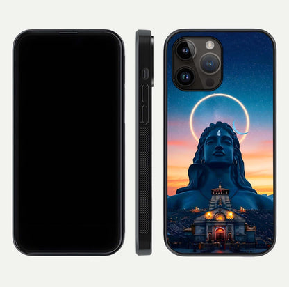Eternal Shiva Aura Glass Case for iPhone 14 Pro Max dual-view layout displaying HD deity print and smooth edge