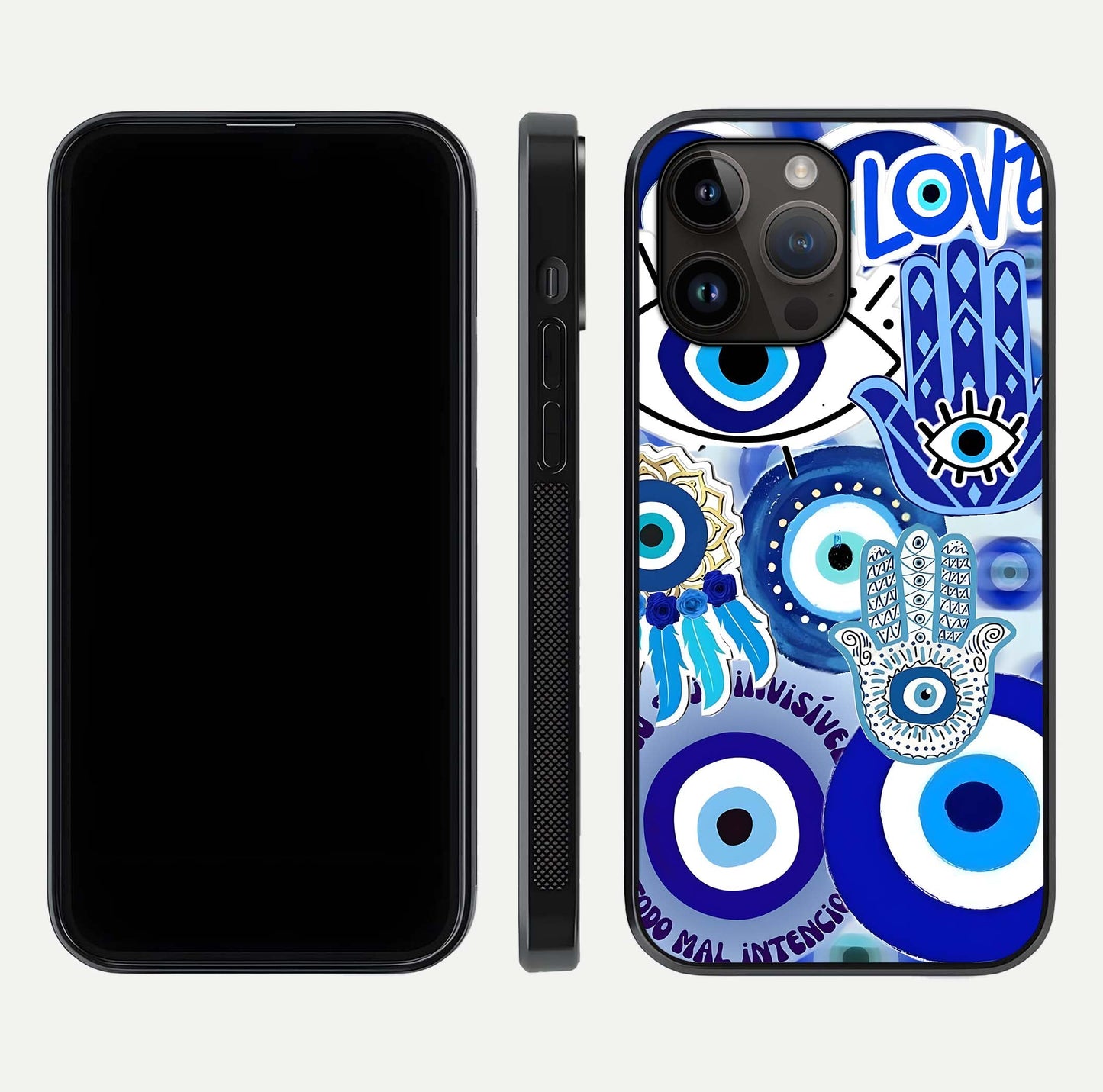 Evil Eyes Dream Glass Case for iPhone 14 Pro Max dual-view layout displaying spiritual motif and polished curved edge