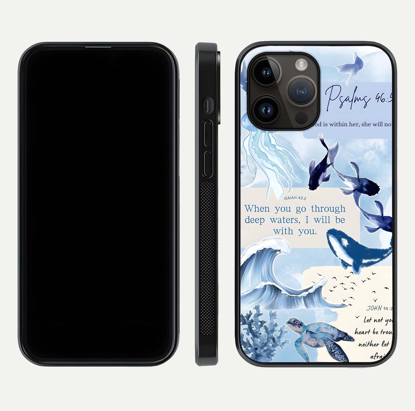 Faithful Ocean Promise Glass Case for iPhone 14 Pro Max dual-view layout showing sea horizon art and curved polish