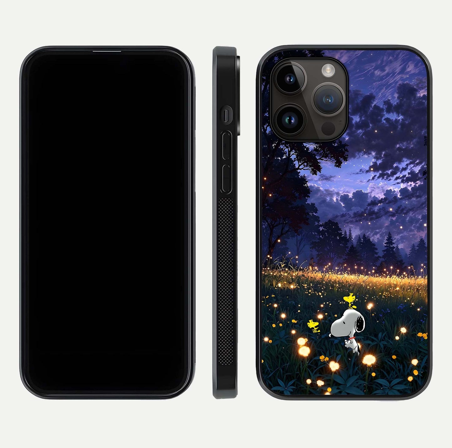 Firefly Meadow Magic Glass Case for iPhone 14 Pro Max dual-view layout displaying enchanting tones and curved edges