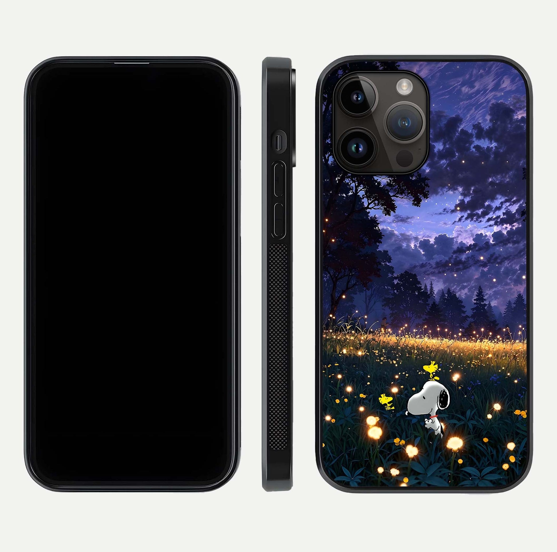 Firefly Meadow Magic Glass Case for iPhone 14 Pro Max dual-view layout displaying enchanting tones and curved edges