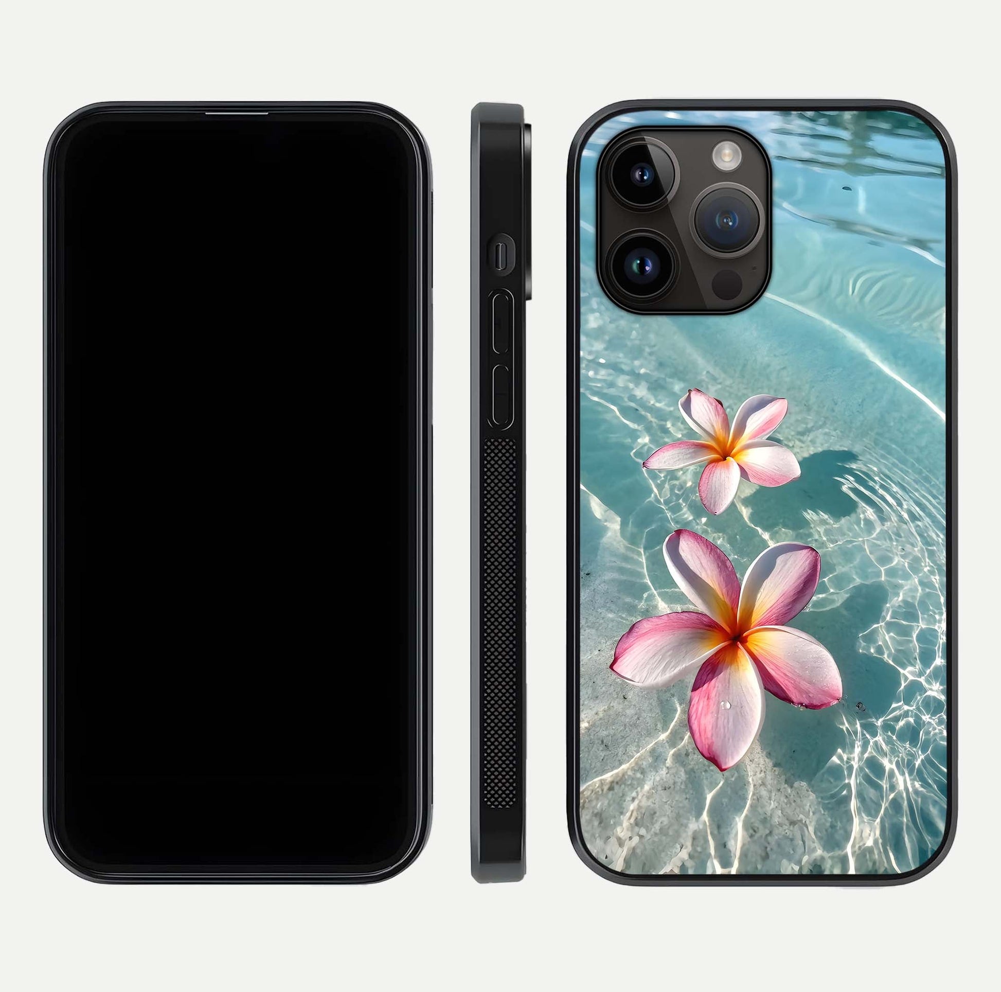 Floating Bloom Bliss Glass Case for iPhone 14 Pro Max dual-view layout displaying soft pastel flowers and curved glass