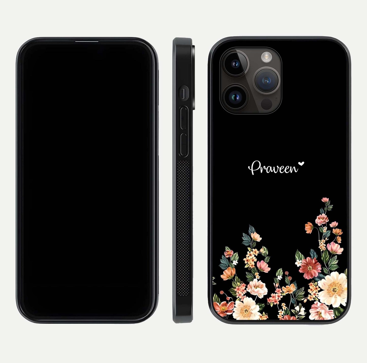 Floral Design Personalized Custom Name Glass Case for iPhone 14 Pro Max dual-view layout displaying artistic tones and curved finish