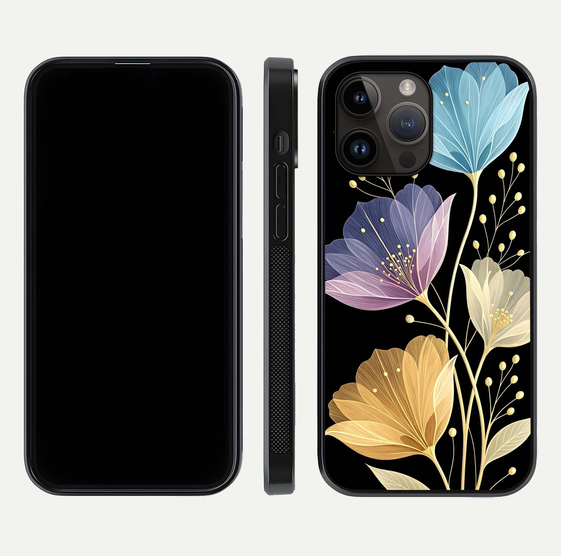 Flower Bloom Glow Glass Case for iPhone 14 Pro Max dual-view layout displaying petal tones and curved glass edge