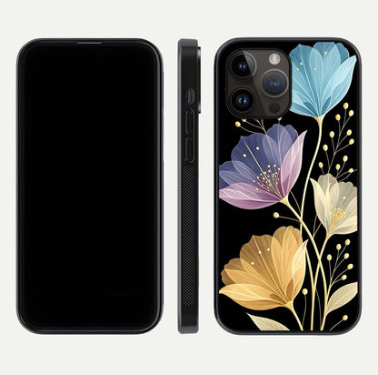 Flower Bloom Glow Glass Case for iPhone 14 Pro Max dual-view layout displaying petal tones and curved glass edge