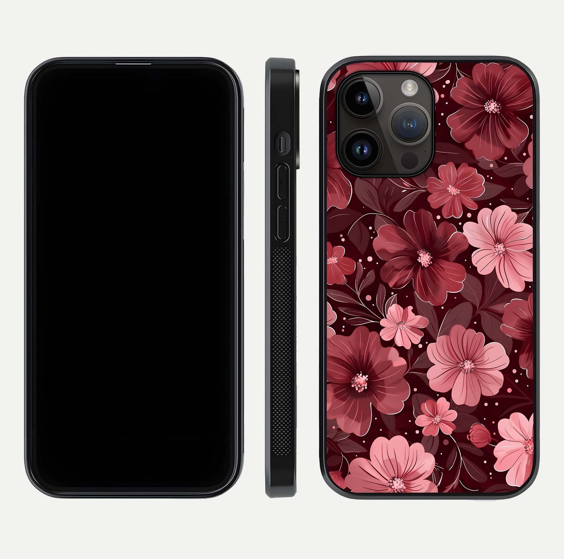 Flower Blush Bloom Glass Case for iPhone 14 Pro Max dual-view layout displaying HD print and smooth curves