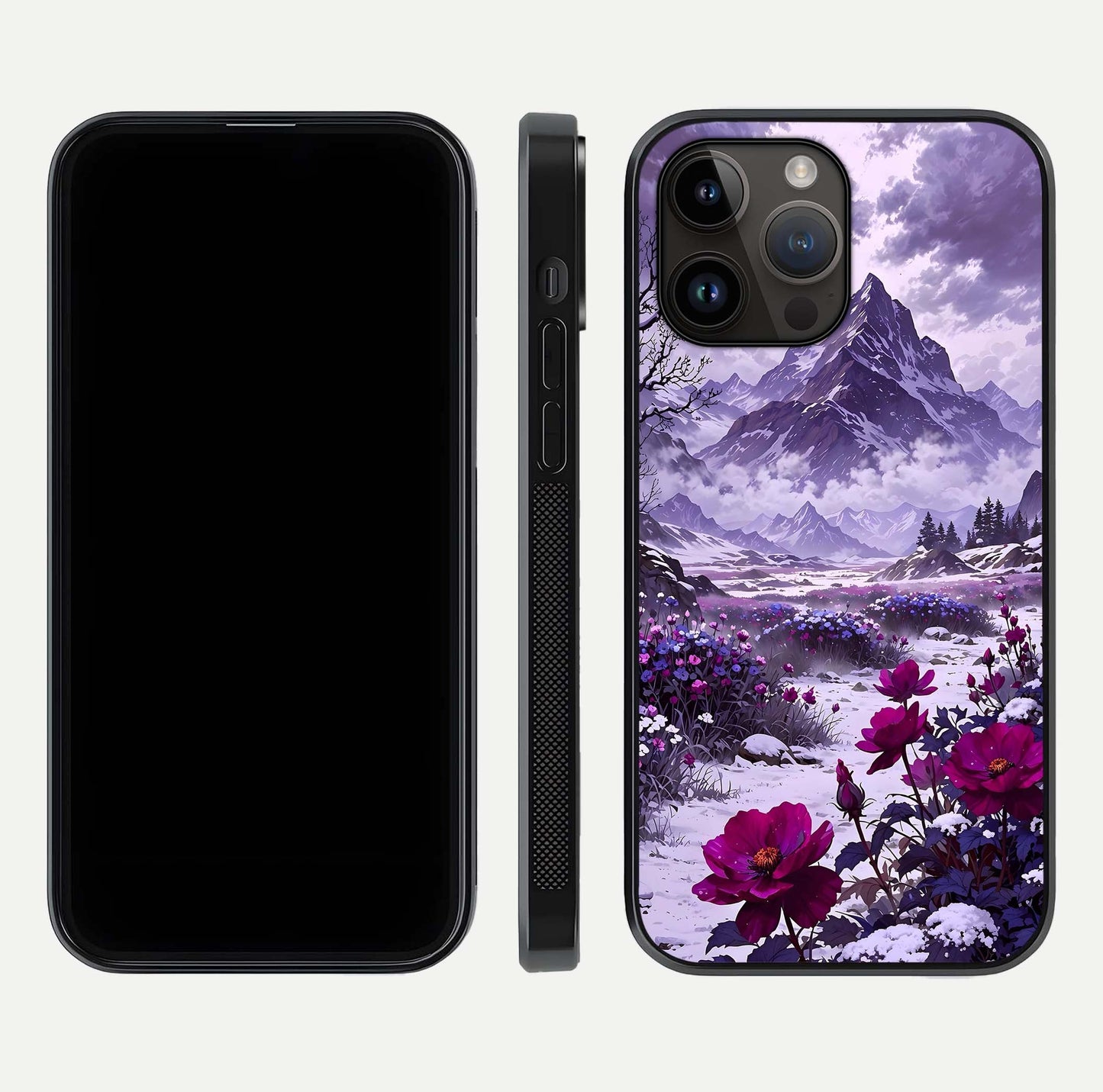 Flower Mountain View Glass Case for iPhone 14 Pro Max dual-view layout displaying scenic tones and curved glass finish