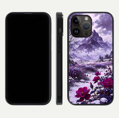 Flower Mountain View Glass Case for iPhone 14 Pro Max dual-view layout displaying scenic tones and curved glass finish