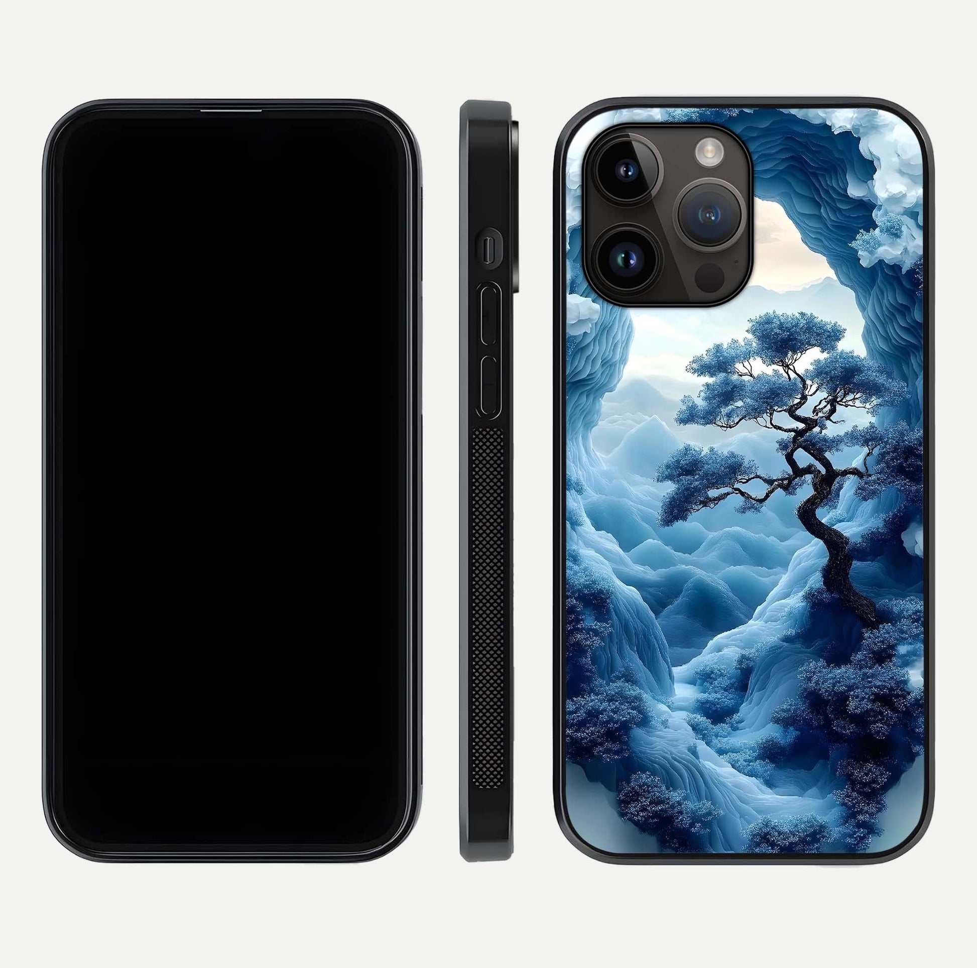 Frozen Serenity Gate Glass Case for iPhone 14 Pro Max dual-view layout displaying winter theme and smooth curves