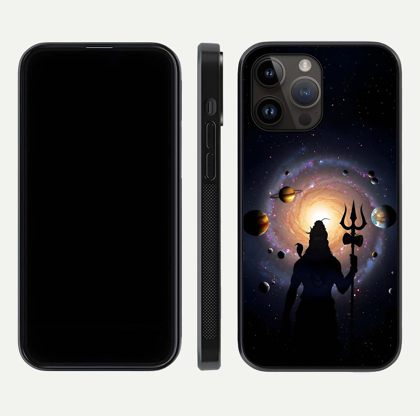 Galactic Shiva Vision Glass Case for iPhone 14 Pro Max front and back view layout showing celestial background and polished curved glass