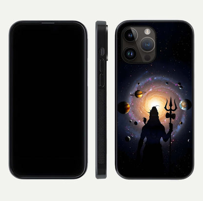 Galactic Shiva Vision Glass Case for iPhone 14 Pro Max front and back view layout showing celestial background and polished curved glass