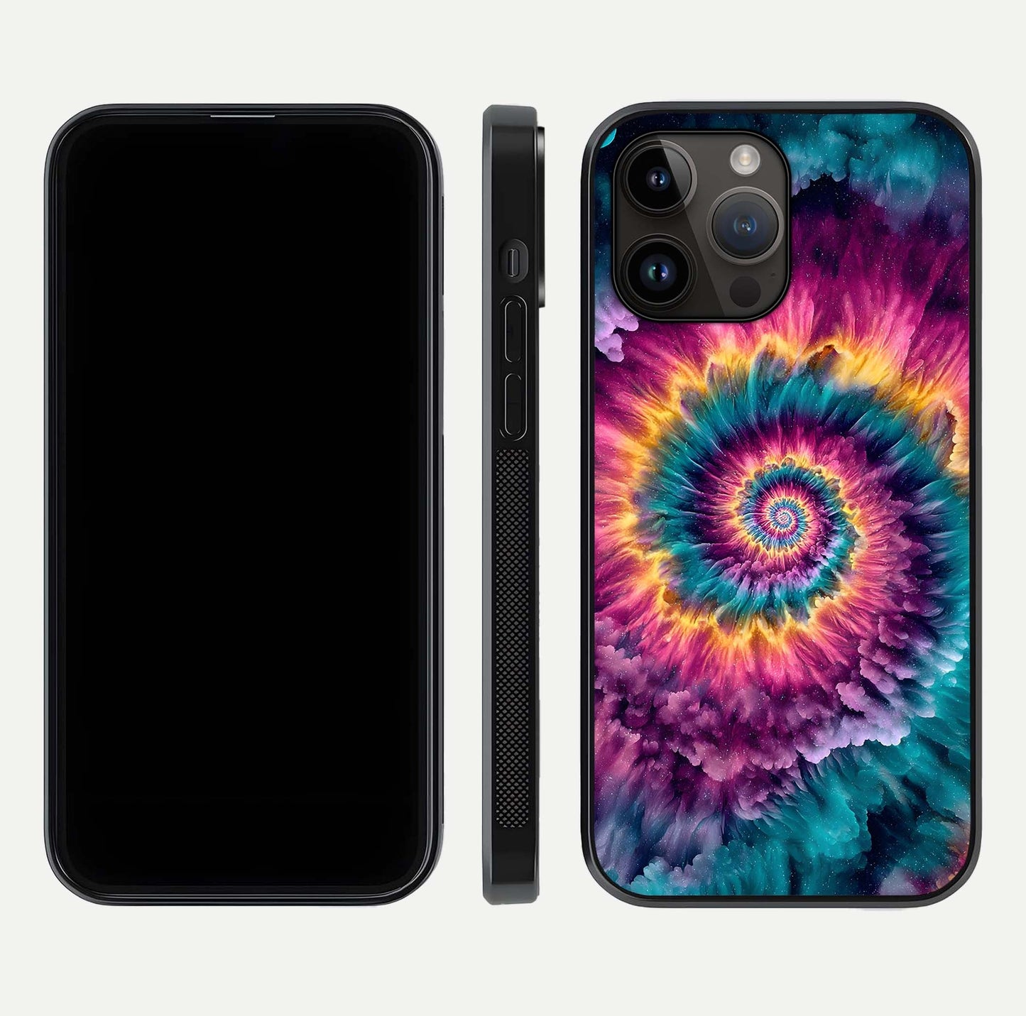 Galactic Spiral Burst Glass Case for iPhone 14 Pro Max front and back view layout highlighting cosmic swirl and curved edges