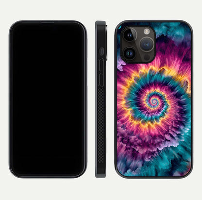 Galactic Spiral Burst Glass Case for iPhone 14 Pro Max front and back view layout highlighting cosmic swirl and curved edges