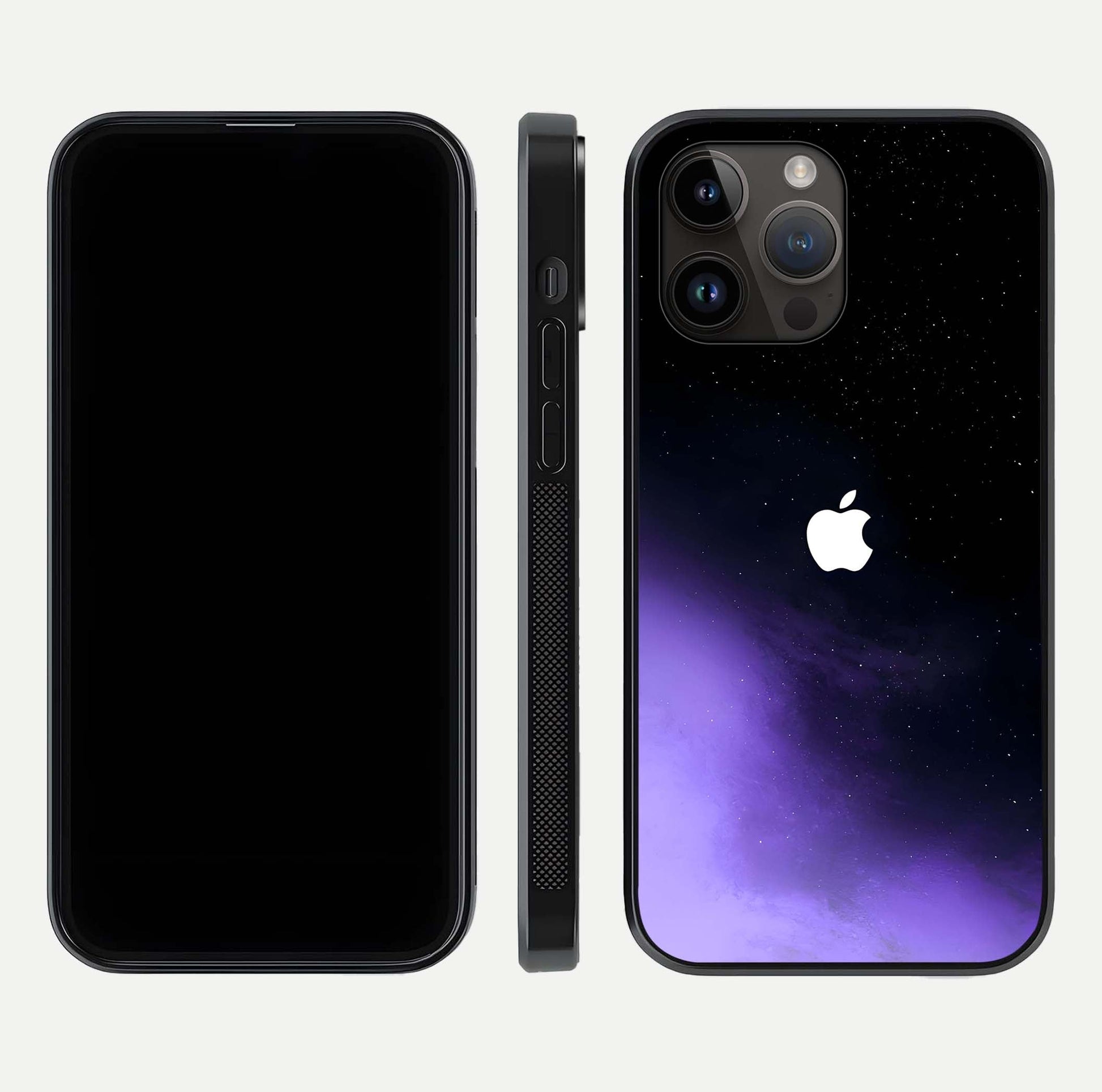Galaxy Apple Aura Glass Case for iPhone 14 Pro Max front and back view layout displaying cosmic tones and premium curved glass edges