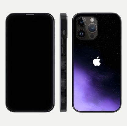 Galaxy Apple Aura Glass Case for iPhone 14 Pro Max front and back view layout displaying cosmic tones and premium curved glass edges