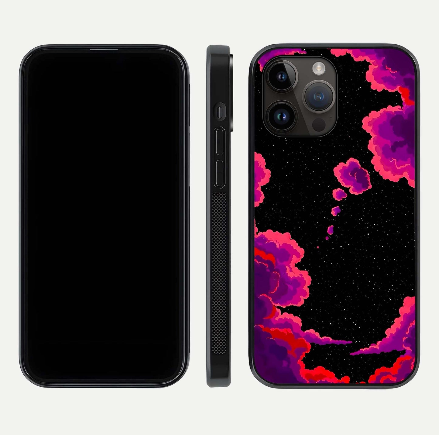 Galaxy Dream Frame Glass Case for iPhone 14 Pro Max front and back view layout highlighting cosmic design and smooth glass curvature