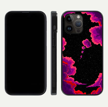 Galaxy Dream Frame Glass Case for iPhone 14 Pro Max front and back view layout highlighting cosmic design and smooth glass curvature