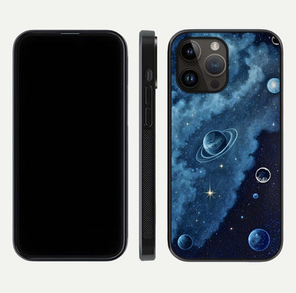 Galaxy Dream Space Glass Case for iPhone 14 Pro Max front and back view layout showing deep-space tones and curved edges