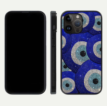 Galaxy Eye Flow Glass Case for iPhone 14 Pro Max front and back view layout displaying cosmic art and curved glass borders