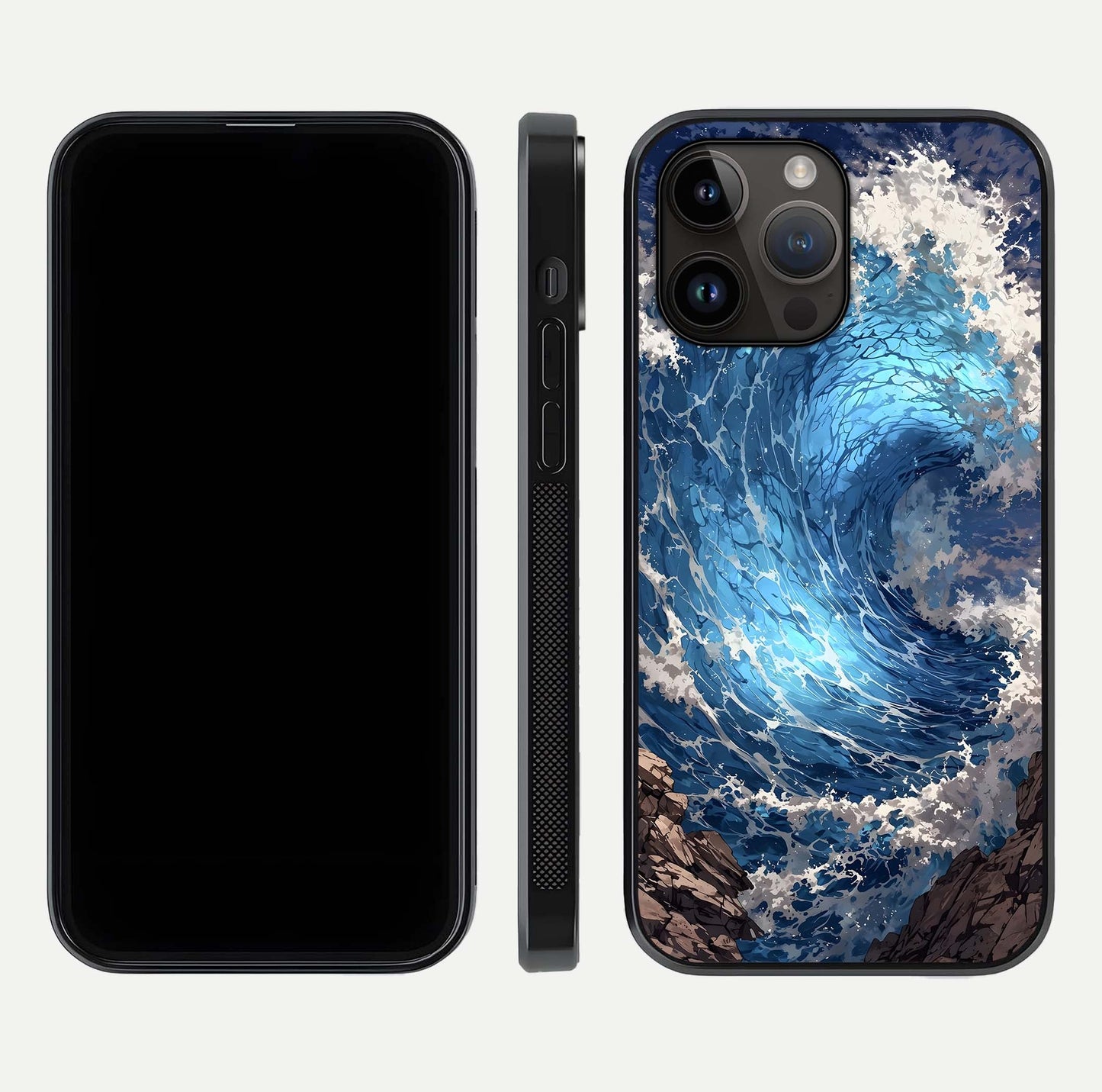 Giant Ocean Wave Glass Case for iPhone 14 Pro Max front and back view layout displaying sea tones and smooth curved edges
