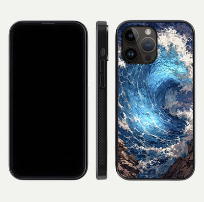 Giant Ocean Wave Glass Case for iPhone 14 Pro Max front and back view layout displaying sea tones and smooth curved edges