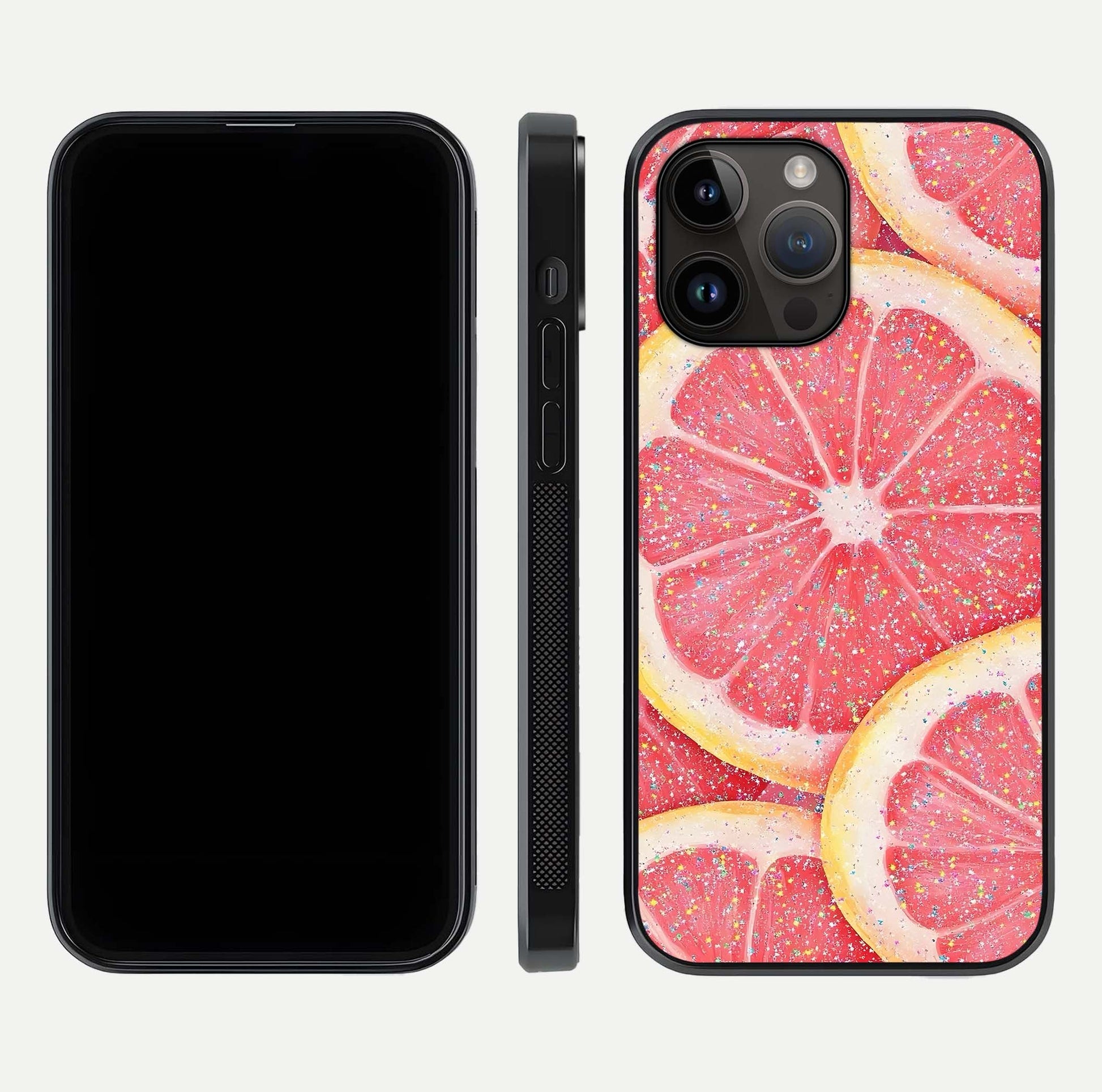 Glitter Grapefruit Glass Case for iPhone 14 Pro Max front and back view layout highlighting citrus hues and smooth glass