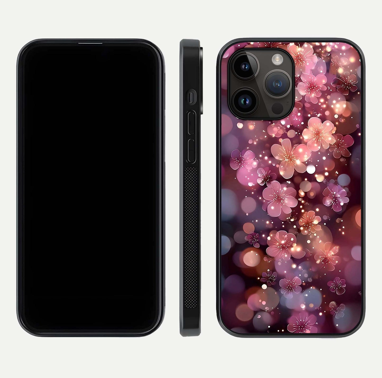 Glowing Petal Bliss Glass Case for iPhone 14 Pro Max front and back view layout displaying artistic floral design and curved glass