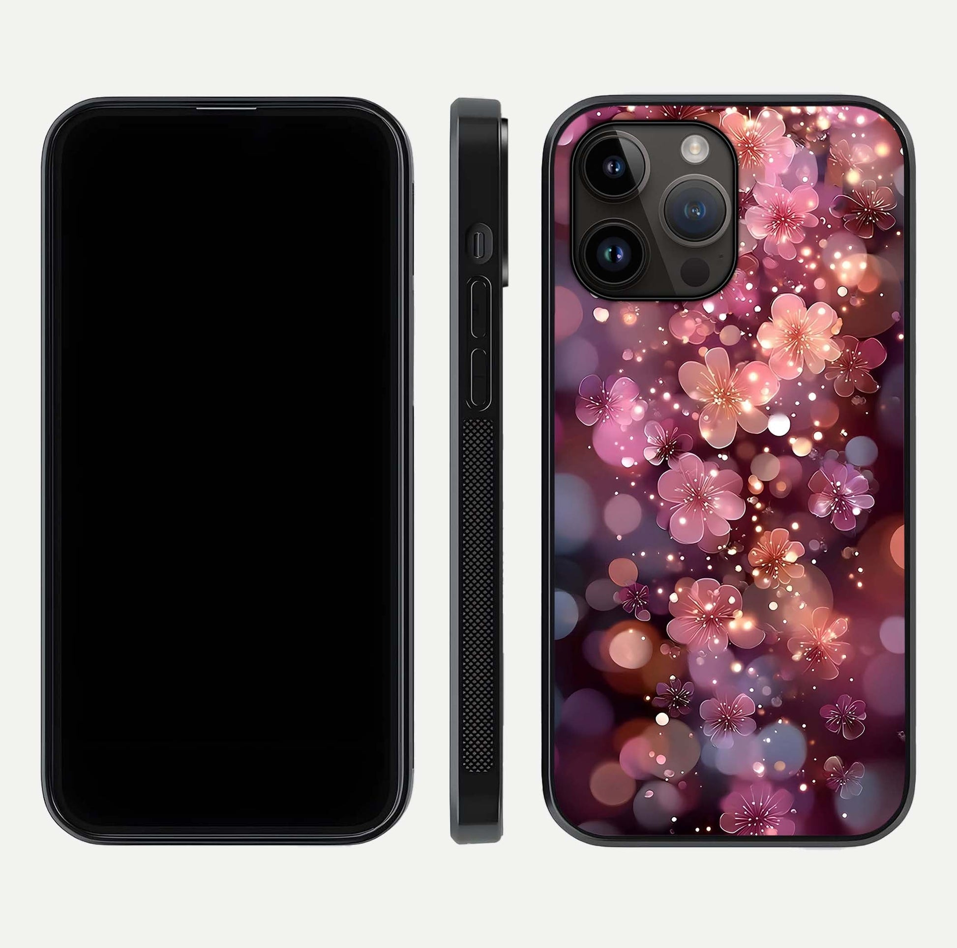 Glowing Petal Bliss Glass Case for iPhone 14 Pro Max front and back view layout displaying artistic floral design and curved glass