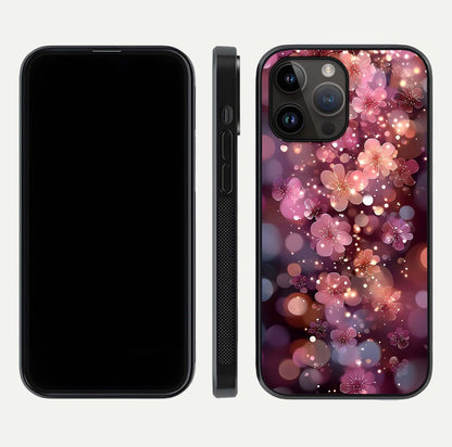 Glowing Petal Bliss Glass Case for iPhone 14 Pro Max front and back view layout displaying artistic floral design and curved glass