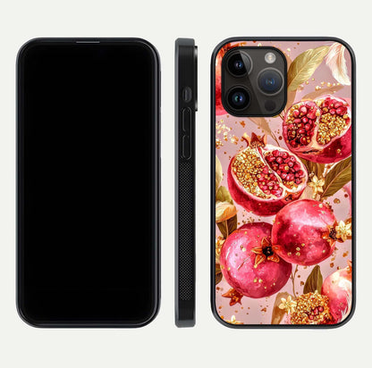 Golden Bloom Glow Glass Case for iPhone 14 Pro Max front and back view layout highlighting luxury floral pattern and curved edges